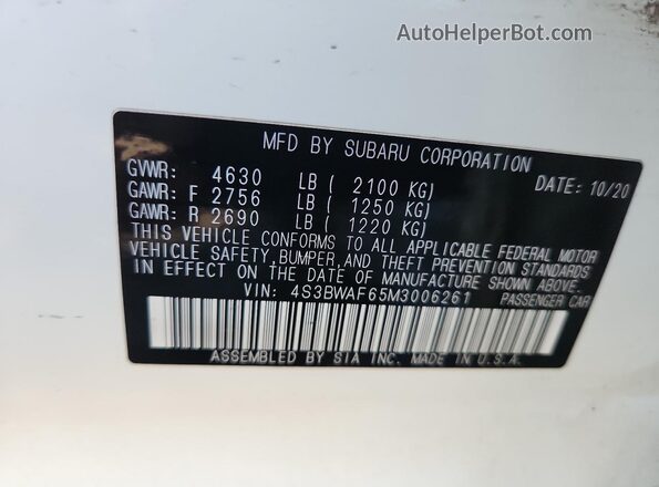 4S3BWAF65M3006261 2021 SUBARU LEGACY White Vista de la etiqueta del VIN