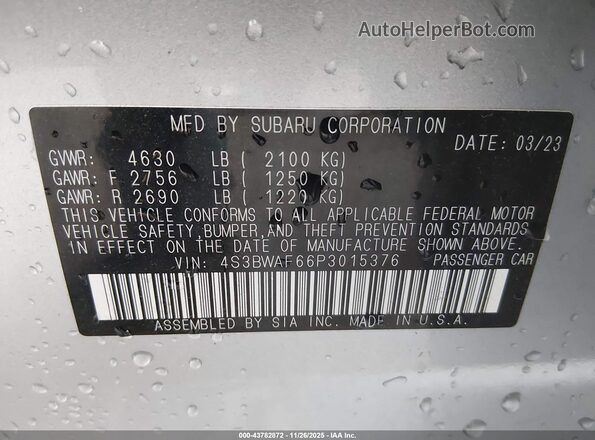 4S3BWAF66P3015376 2023 SUBARU LEGACY Серебряный Вид подкапотного пространства
