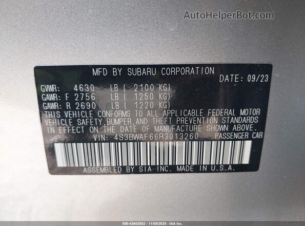 4S3BWAF66R3013260 2024 SUBARU LEGACY Silver ძრავის განყოფილების ხედი
