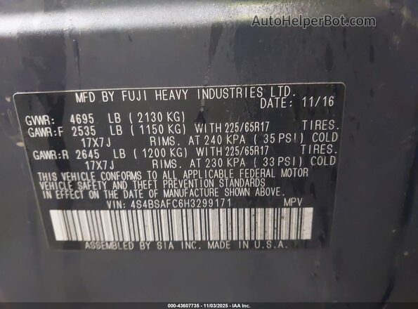 4S4BSAFC6H3299171 2017 SUBARU OUTBACK Синий Вид подкапотного пространства