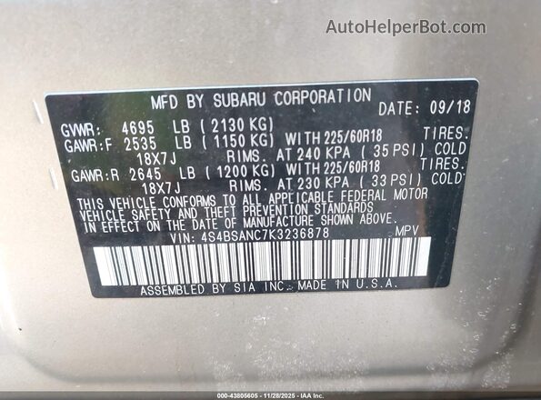 4S4BSANC7K3236878 2019 SUBARU OUTBACK Серебряный Вид подкапотного пространства