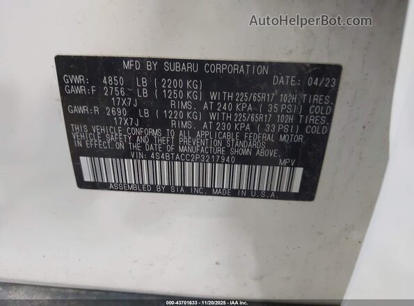 4S4BTACC2P3217940 2023 SUBARU OUTBACK Белый Вид подкапотного пространства