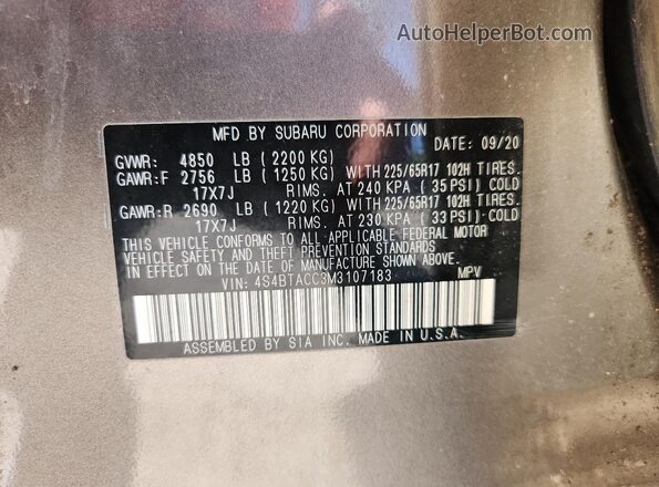 4S4BTACC3M3107183 2021 SUBARU OUTBACK Коричневый Вид наклейки с VIN-кодом
