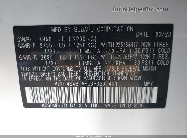 4S4BTAFC3P3207431 2023 SUBARU OUTBACK White Widok komory silnika