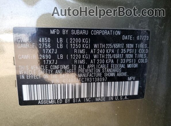 4S4BTAFC7R3138097 2024 SUBARU OUTBACK Зеленый Вид наклейки с VIN-кодом