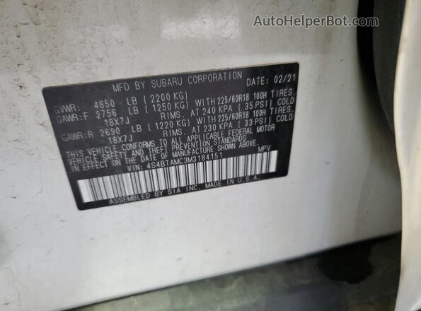 4S4BTAMC3M3184151 2021 SUBARU OUTBACK Белый Вид наклейки с VIN-кодом