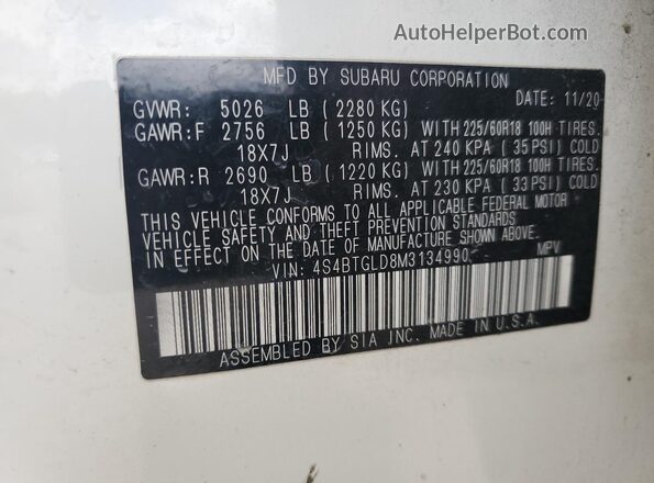 4S4BTGLD8M3134990 2021 SUBARU OUTBACK Белый Вид наклейки с VIN-кодом