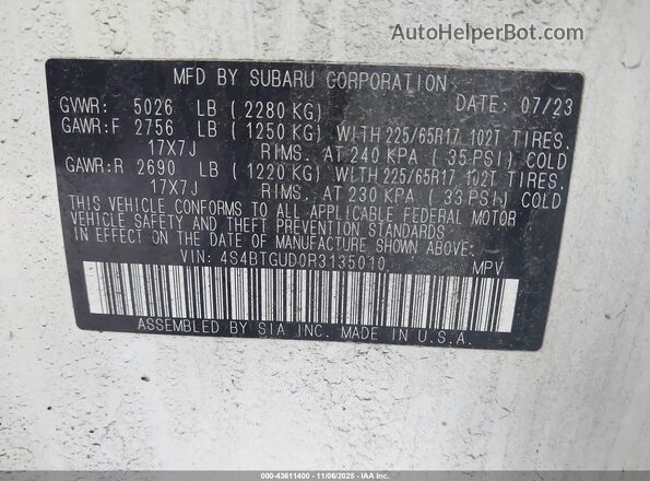 4S4BTGUD0R3135010 2024 SUBARU OUTBACK Белый Вид подкапотного пространства