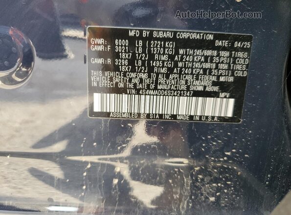 4S4WMADD6S3421347 2025 SUBARU ASCENT Blue Vista de la etiqueta del VIN
