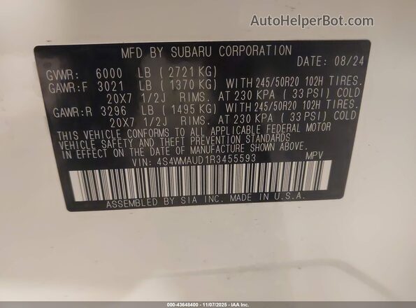 4S4WMAUD1R3455593 2024 SUBARU ASCENT White ძრავის განყოფილების ხედი