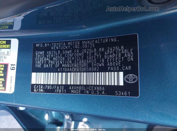 4T1DAACK6TU658982 2026 TOYOTA LE Зеленый Вид подкапотного пространства