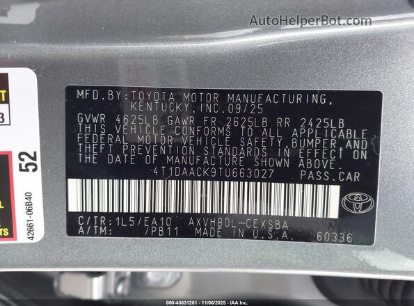 4T1DAACK9TU663027 2026 TOYOTA CAMRY Gray ძრავის განყოფილების ხედი