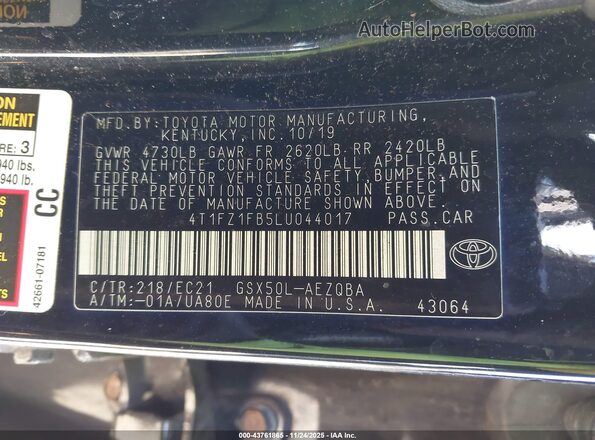 4T1FZ1FB5LU044017 2020 TOYOTA AVALON Черный Вид подкапотного пространства