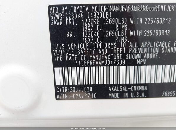 4T3E6RFV4MU047609 2021 TOYOTA RAV4 HYBRID Белый Вид подкапотного пространства