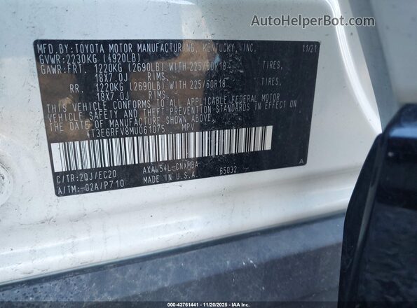 4T3E6RFV8MU061075 2021 TOYOTA RAV4 HYBRID White Вид підкапотного простору