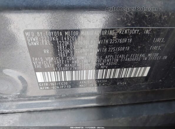 4T3T6RFV3NU072218 2022 TOYOTA RAV4 HYBRID Gray Widok komory silnika