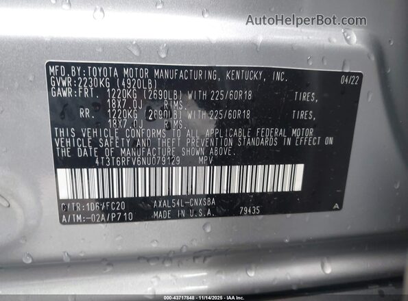 4T3T6RFV6NU079129 2022 TOYOTA RAV4 HYBRID Серебряный Вид подкапотного пространства