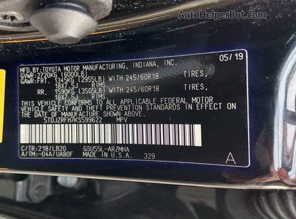 5TDJZRFH7KS599622 2019 TOYOTA HIGHLANDER Черный Вид задней части салона