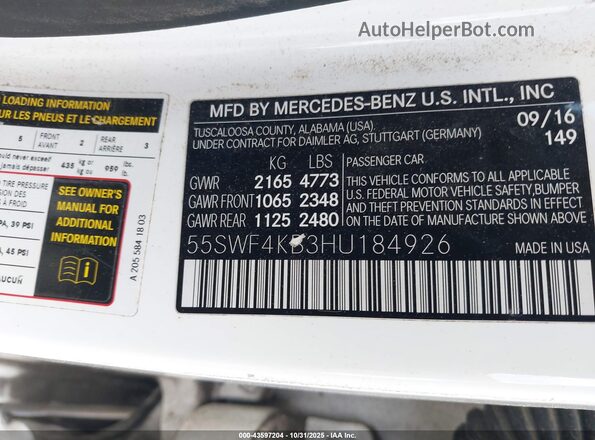 55SWF4KB3HU184926 2017 MERCEDES-BENZ C-CLASS White Вид підкапотного простору