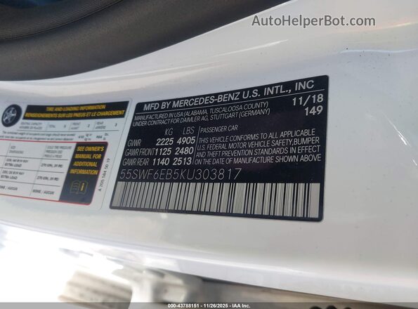 55SWF6EB5KU303817 2019 MERCEDES-BENZ AMG C 43 White ძრავის განყოფილების ხედი