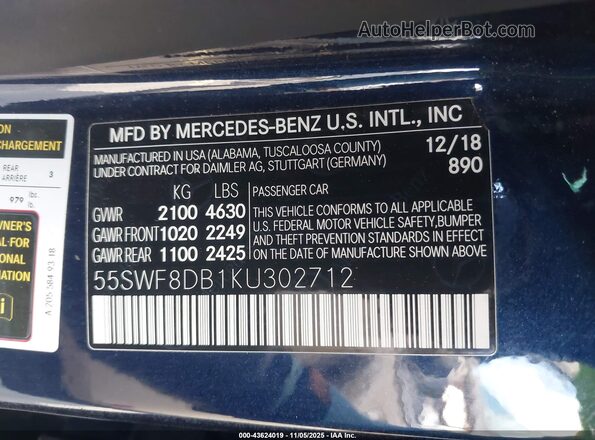 55SWF8DB1KU302712 2019 MERCEDES-BENZ C-CLASS Navy Вид подкапотного пространства