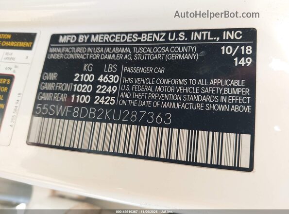 55SWF8DB2KU287363 2019 MERCEDES-BENZ C White Շարժիչի բաժամունքի տեսք