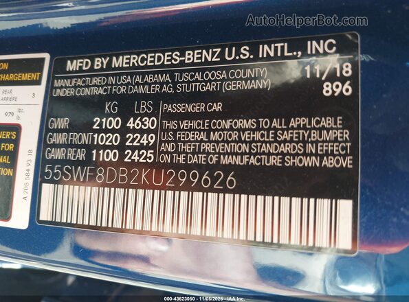 55SWF8DB2KU299626 2019 MERCEDES-BENZ C-CLASS Blue ძრავის განყოფილების ხედი