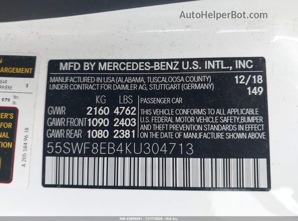 55SWF8EB4KU304713 2019 MERCEDES-BENZ C-CLASS White Vista del compartimento del motor