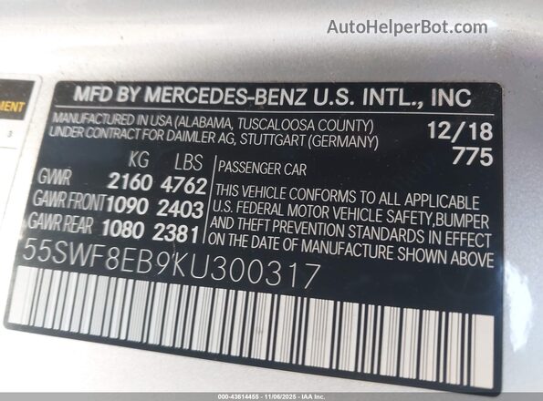 55SWF8EB9KU300317 2019 MERCEDES-BENZ C-CLASS Silver ძრავის განყოფილების ხედი