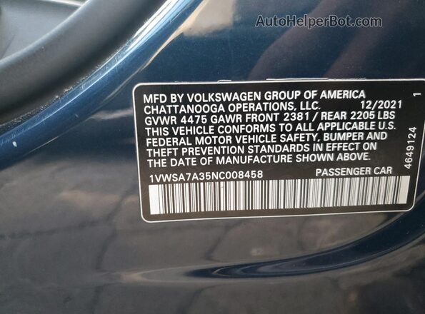 1VWSA7A35NC008458 2022 VOLKSWAGEN PASSAT Синий Вид наклейки с VIN-кодом
