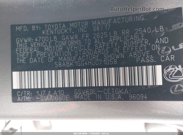 58ABK1GG4HU071058 2017 LEXUS ES 350 Champagne Вид подкапотного пространства