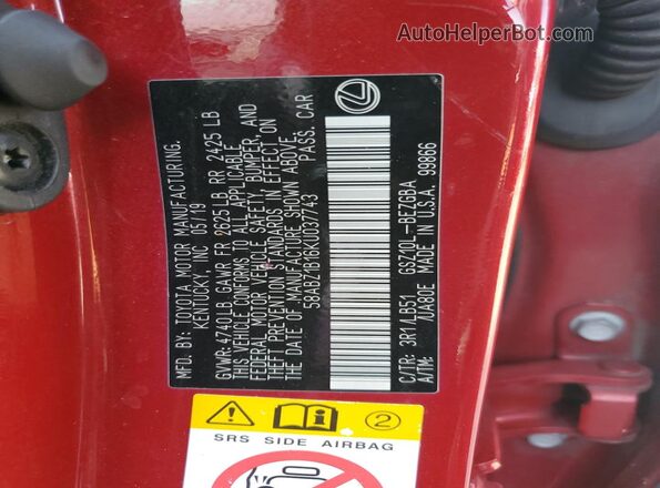 58ABZ1B16KU037743 2019 LEXUS ES Бордовый Вид подкапотного пространства