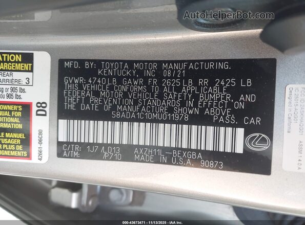 58ADA1C10MU011978 2021 LEXUS ES 300H Silver Widok komory silnika