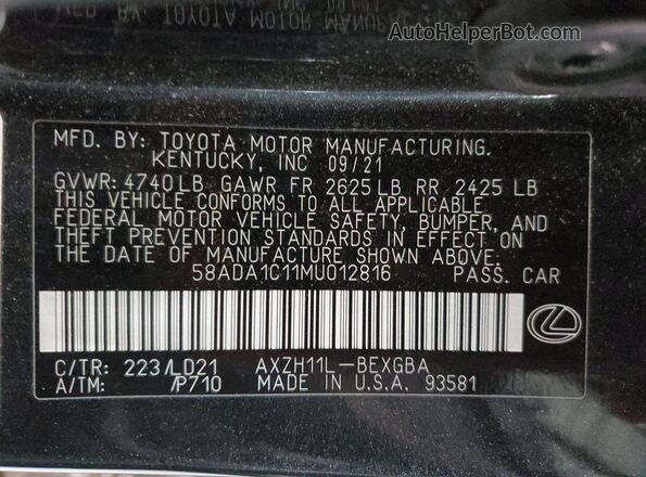 58ADA1C11MU012816 2021 LEXUS ES Черный Вид подкапотного пространства