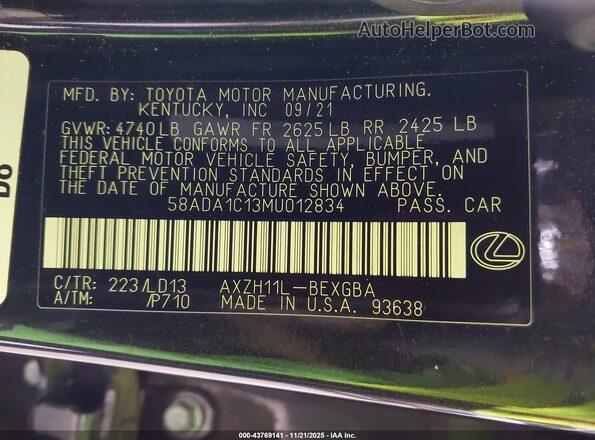 58ADA1C13MU012834 2021 LEXUS ES 300H Dark Blue Vista del compartimento del motor