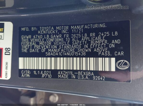 58ADA1C14NU015436 2022 LEXUS ES 300H Серый Вид подкапотного пространства