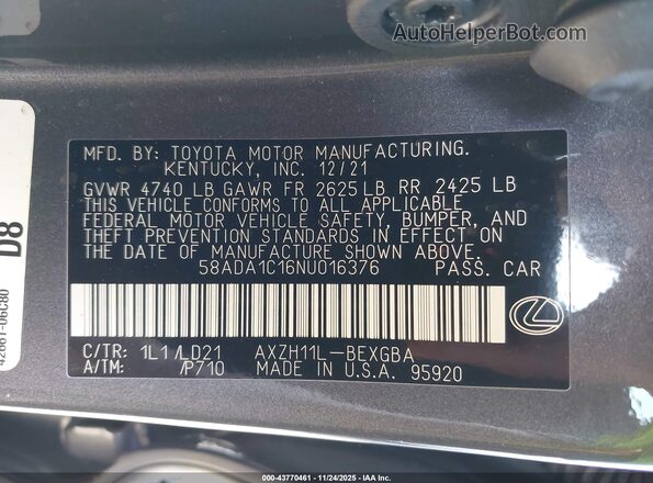 58ADA1C16NU016376 2022 LEXUS ES 300H Gray Widok komory silnika