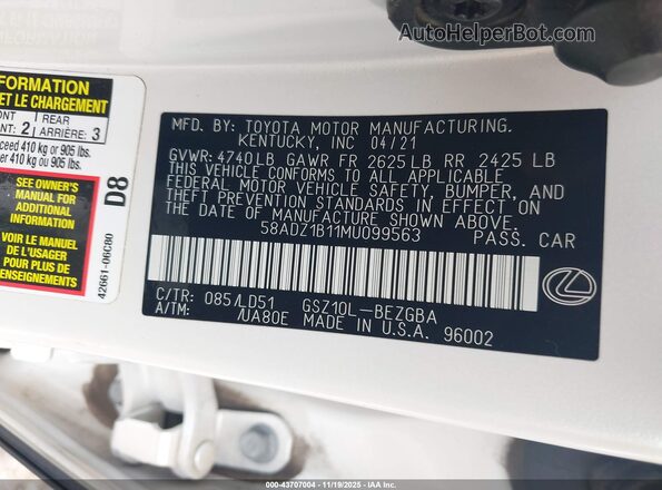 58ADZ1B11MU099563 2021 LEXUS ES 350 Белый Вид подкапотного пространства