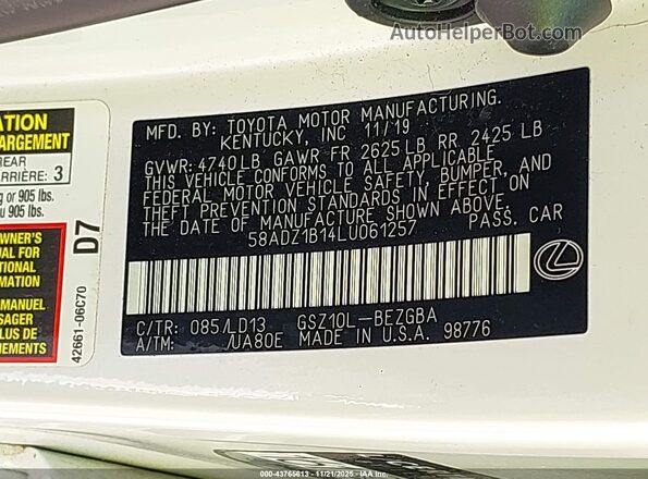 58ADZ1B14LU061257 2020 LEXUS ES 350 Белый Вид подкапотного пространства