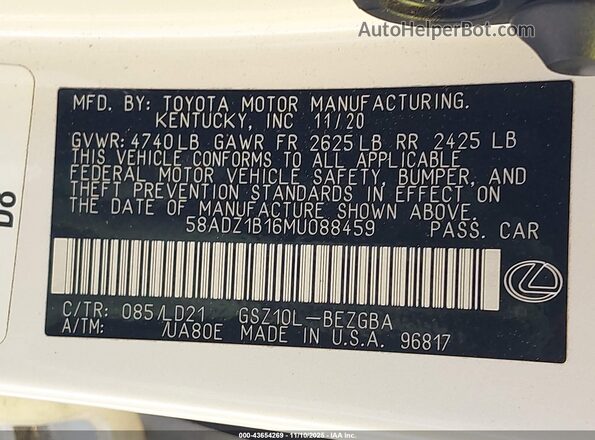 58ADZ1B16MU088459 2021 LEXUS ES 350 Белый Вид подкапотного пространства