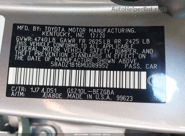 58ADZ1B16MU089952 2021 LEXUS ES 350 Gray Widok komory silnika