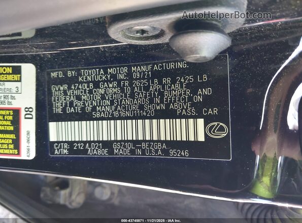 58ADZ1B16NU111420 2022 LEXUS ES 350 Черный Вид подкапотного пространства