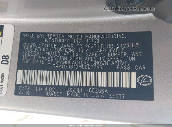 58ADZ1B19MU087743 2021 LEXUS ES 350 Серебряный Вид подкапотного пространства