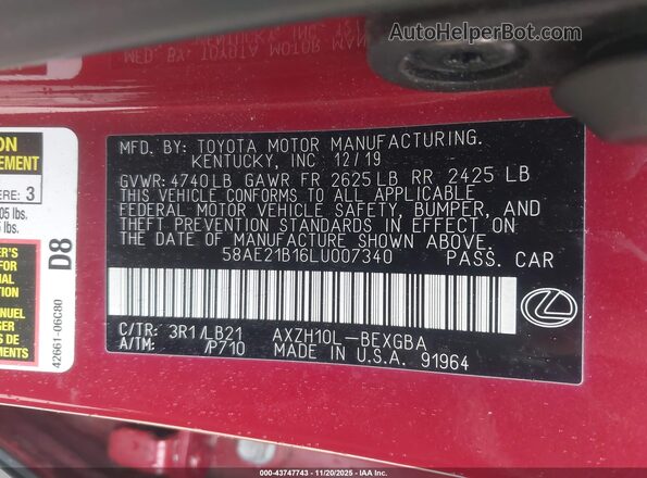 58AE21B16LU007340 2020 LEXUS ES 300H Красный Вид подкапотного пространства