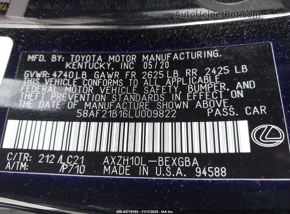 58AF21B16LU009822 2020 LEXUS ES 300H Черный Вид подкапотного пространства