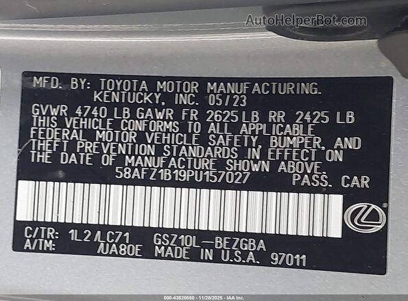 58AFZ1B19PU157027 2023 LEXUS ES 350 Silver Vista del compartimento del motor