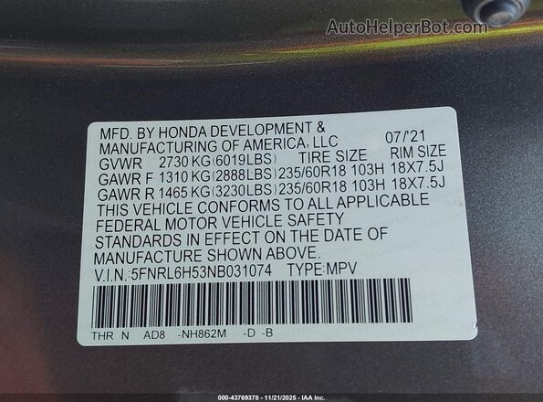 5FNRL6H53NB031074 2022 HONDA ODYSSEY Серый Вид подкапотного пространства