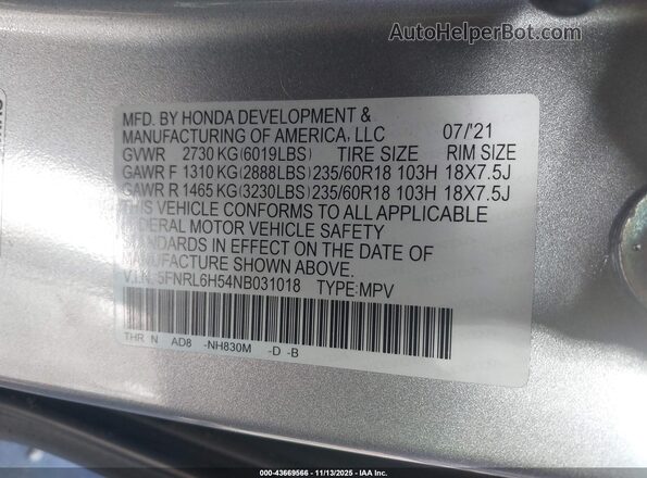 5FNRL6H54NB031018 2022 HONDA ODYSSEY Silver Widok komory silnika