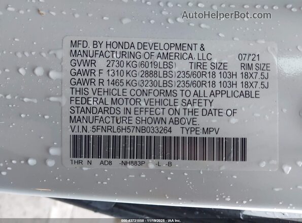 5FNRL6H57NB033264 2022 HONDA ODYSSEY White Вид підкапотного простору