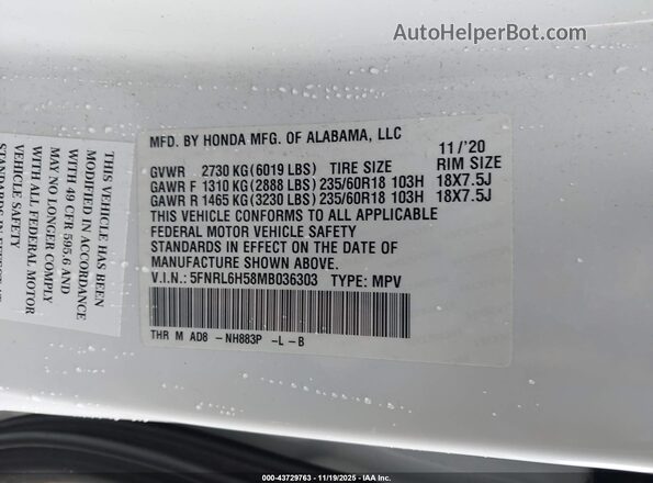 5FNRL6H58MB036303 2021 HONDA ODYSSEY Белый Вид подкапотного пространства